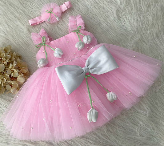 White Tulip Flower Work Party Wear Baby Pink Dress