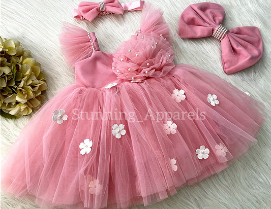 White Flower Work Strapped Sleeves Peach Frock