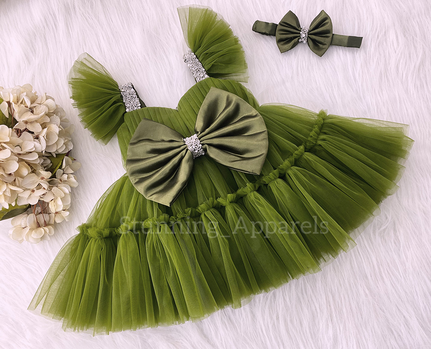 Designer Sweetheart Neckline Hand Work Olive Green Frock