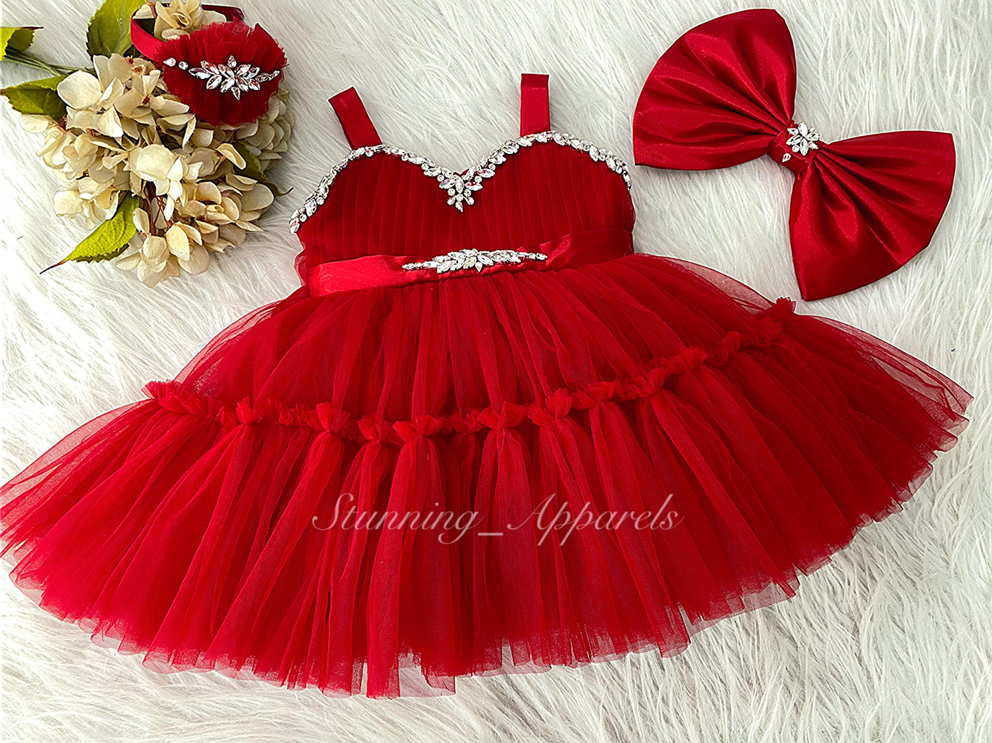 Designer Stone and Diamond Work Ruffled Red Dress