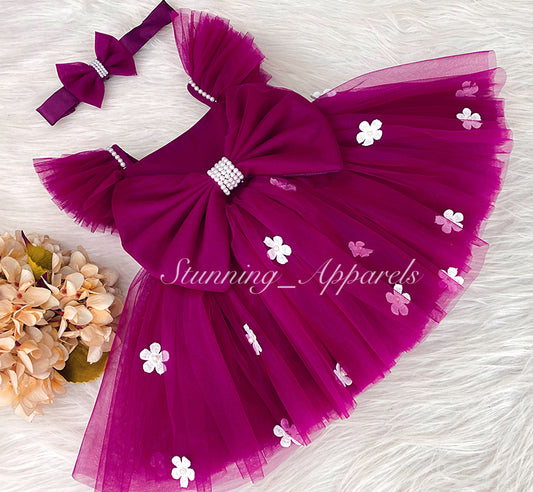 White Flower Work Strapped Sleeves Dark Magenta Pink Frock