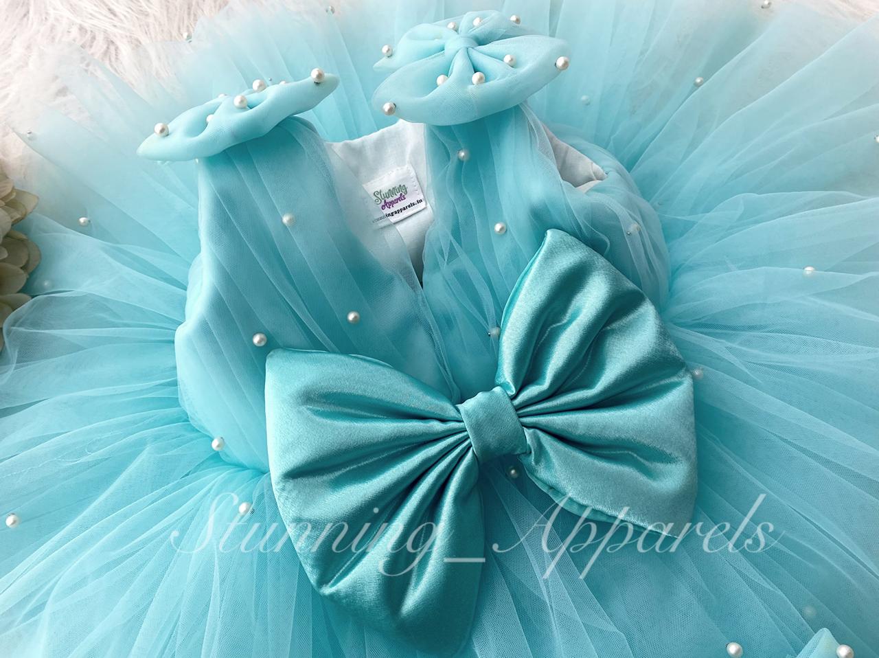 Shoulder Bow White Pearls Work Sky Blue Frock