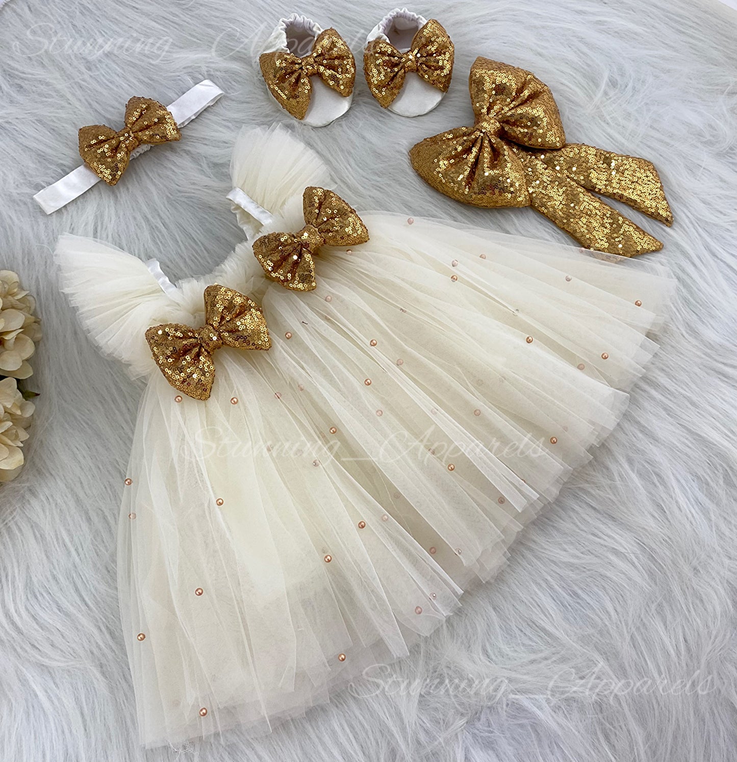 Golden Sequins Bow Party cream umbrella Dress