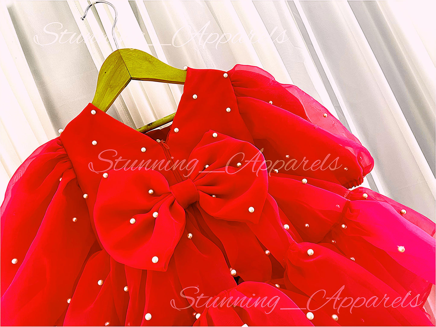 Long Puff Sleeves White Pearls Work Ruffled Red Organza Dress