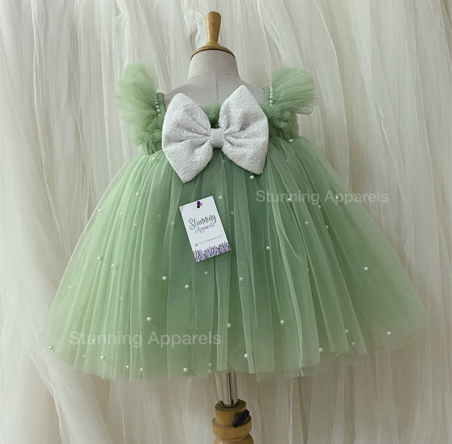 Ruffled Sleeves Strapped  Sequins Bow Party Wear Pista Green Umbrella Dress