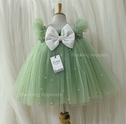 Ruffled Sleeves Strapped  Sequins Bow Party Wear Pista Green Umbrella Dress