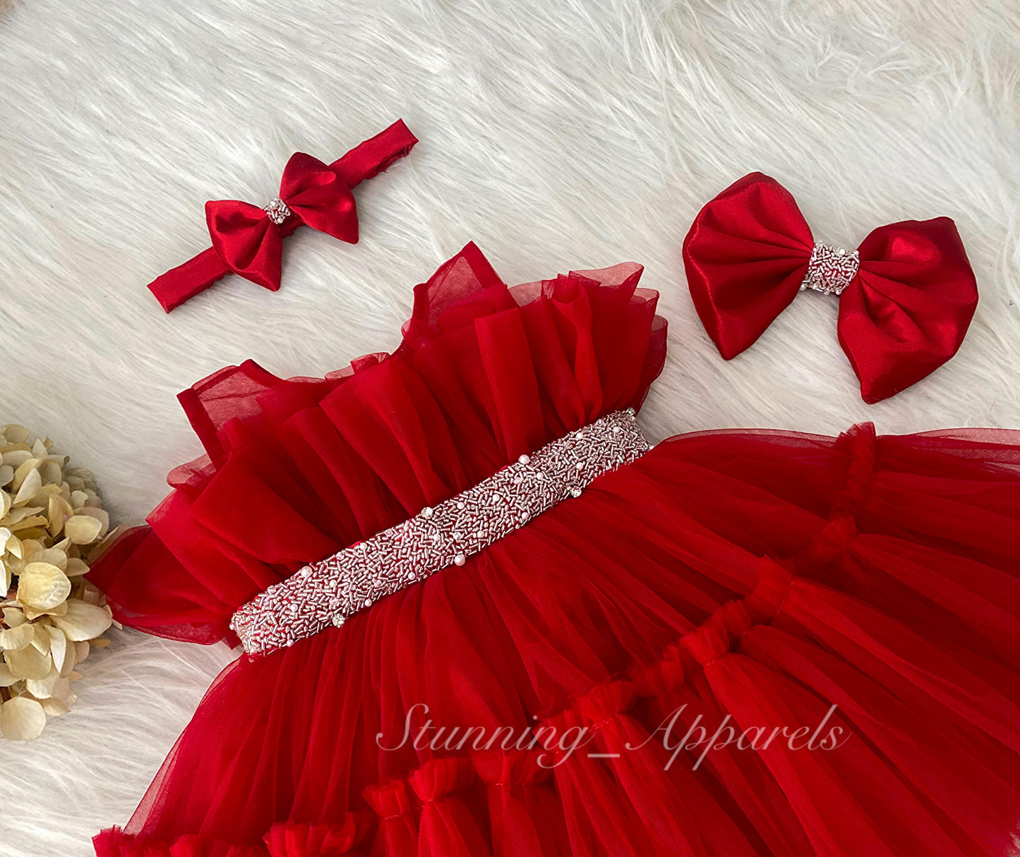 Designer belted Hand Wear Ruffled Party Wear Red Dress