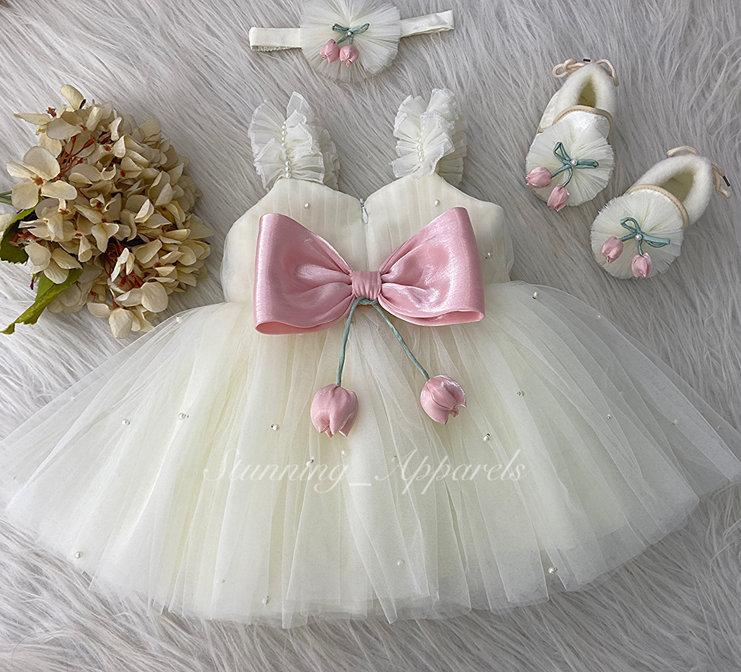 Peach Tulip Flower Work Party Wear Cream Dress
