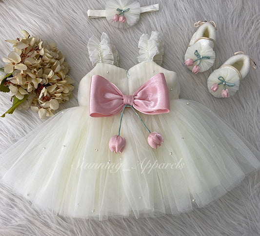 Peach Tulip Flower Work Party Wear Cream Dress