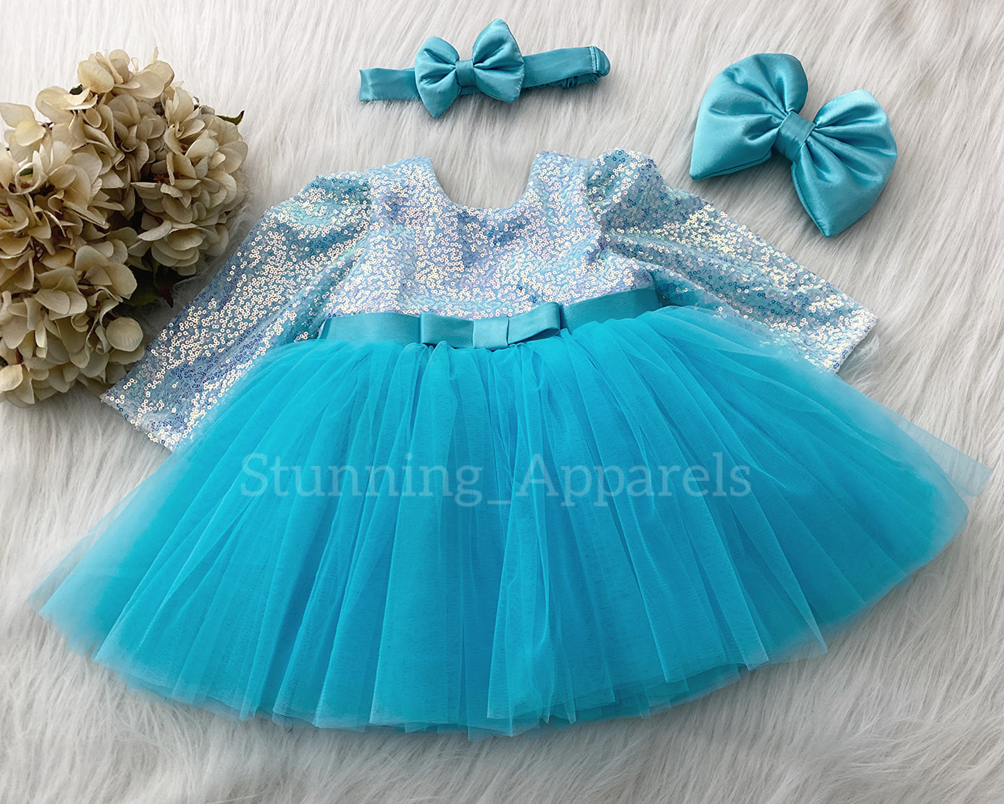 Stylish Long Sleeves Satin Bow Party Wear Sky Blue Frock