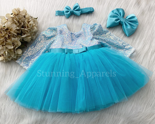 Stylish Long Sleeves Satin Bow Party Wear Sky Blue Frock