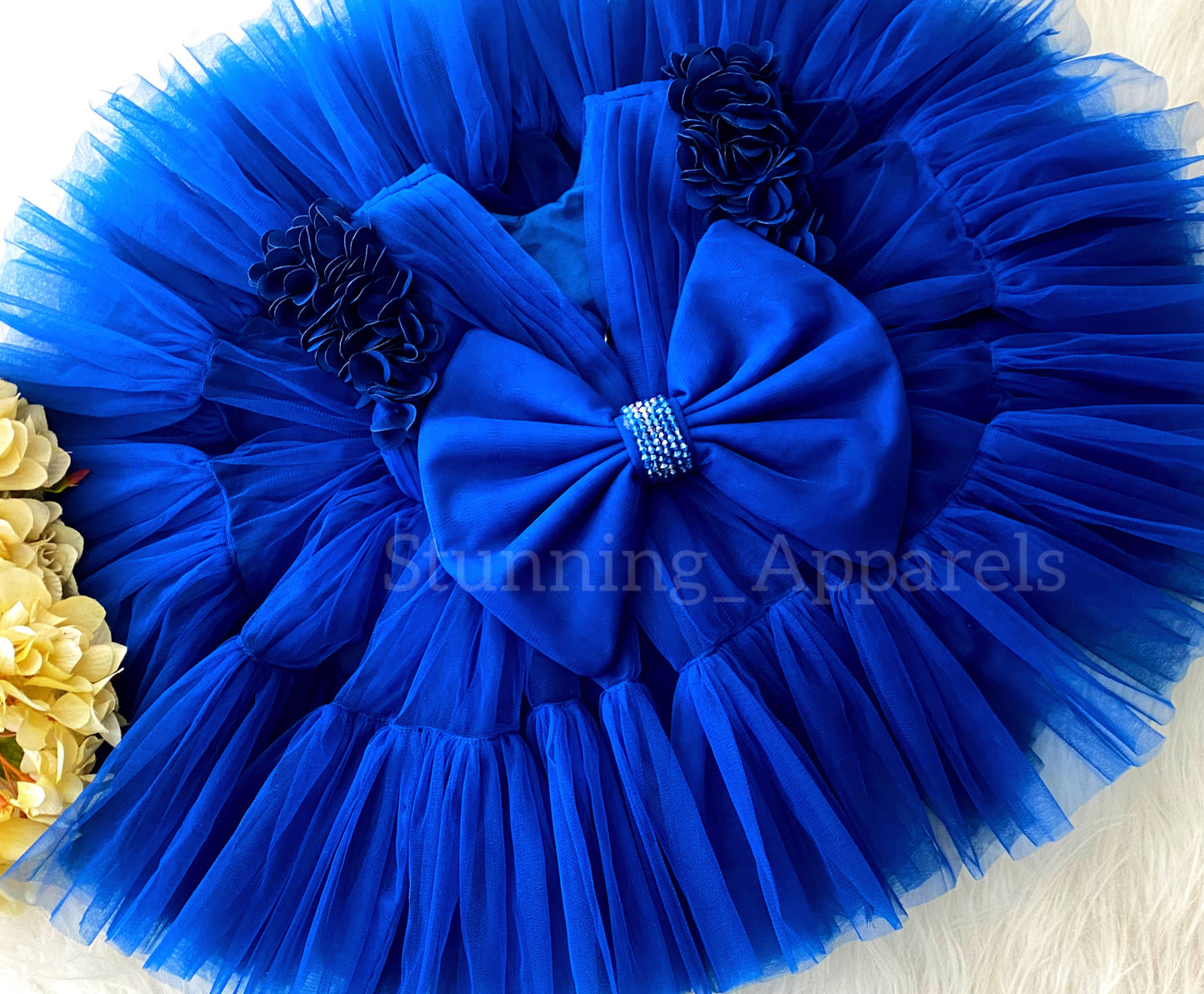 Beautiful  Cape Sleeves Flower Work Ruffled Royal Blue Frock