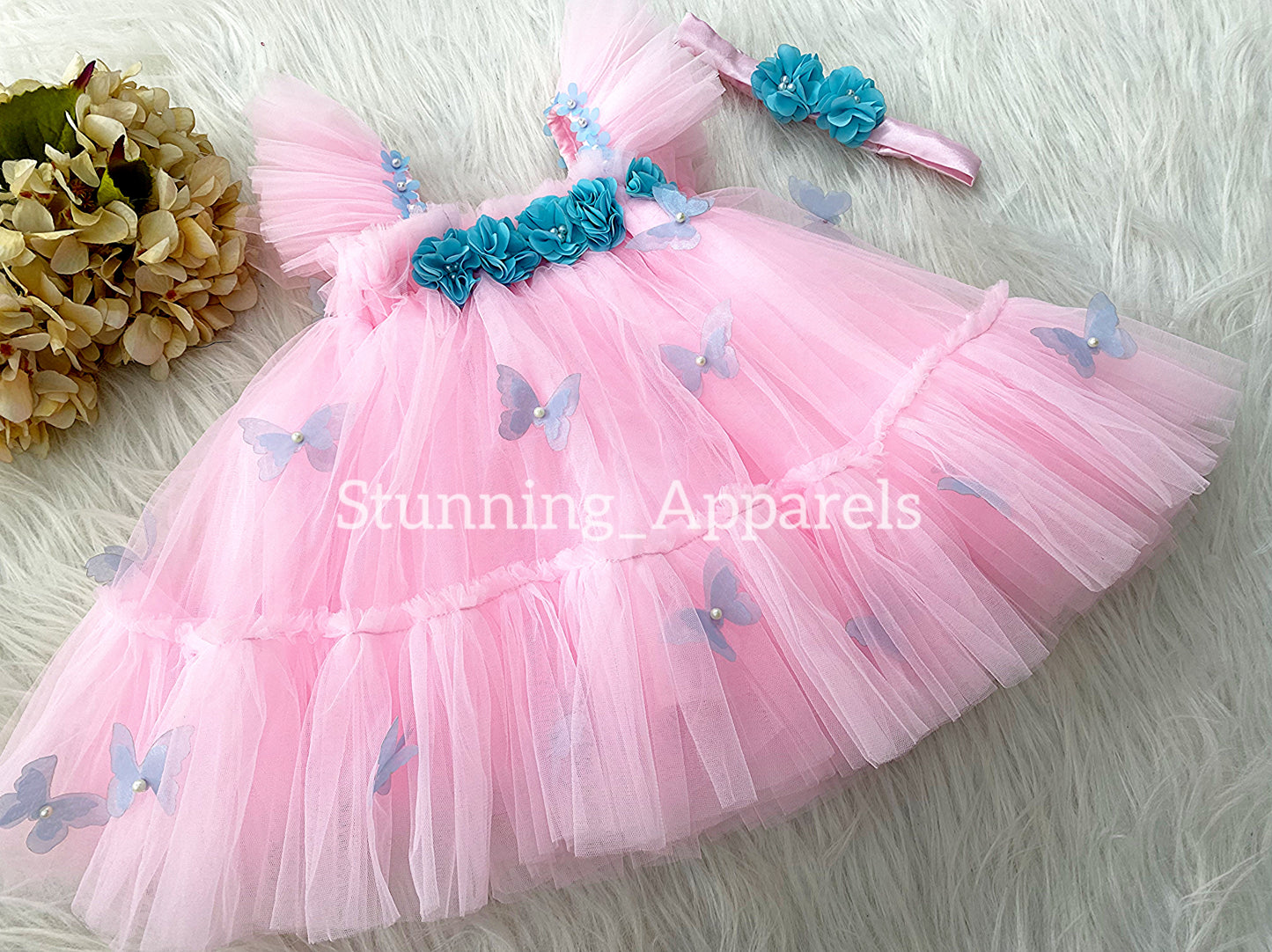 Butterfly Work Cute Party Wear Umbrella Baby Pink Dress