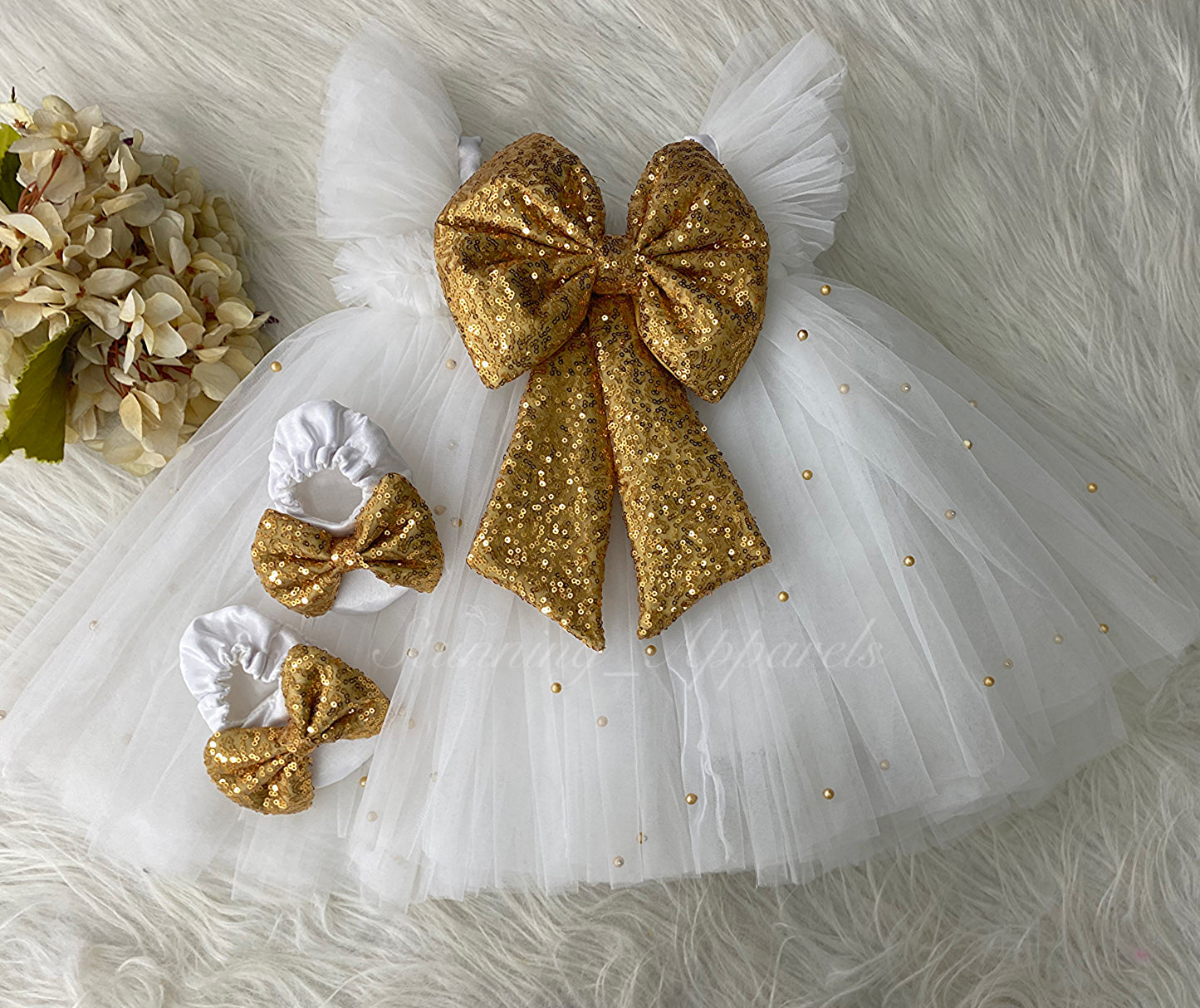 Golden Sequins Bow Party Wear White Umbrella Dress