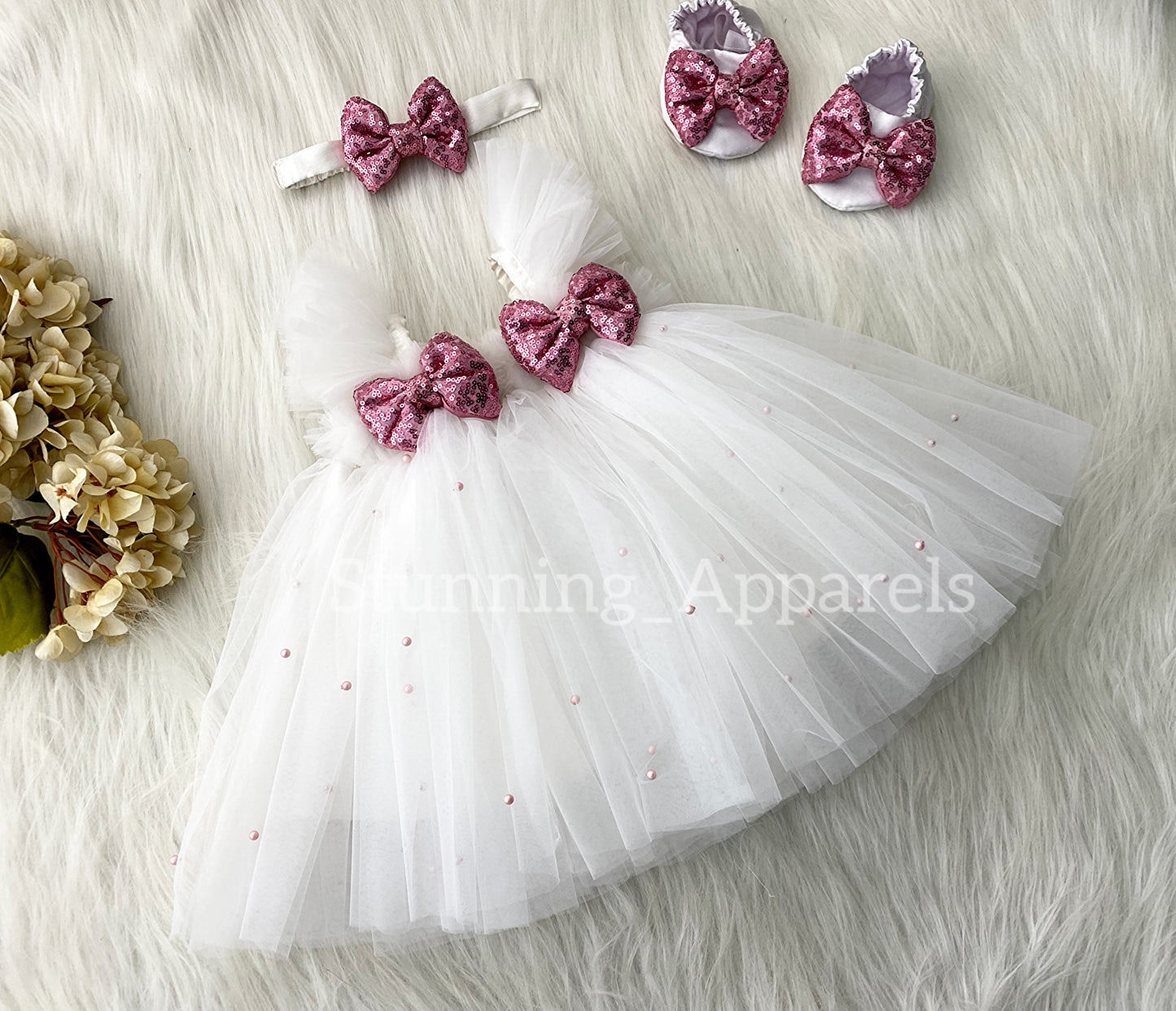 Baby Pink Sequins Bow Party Wear White Umbrella Dress