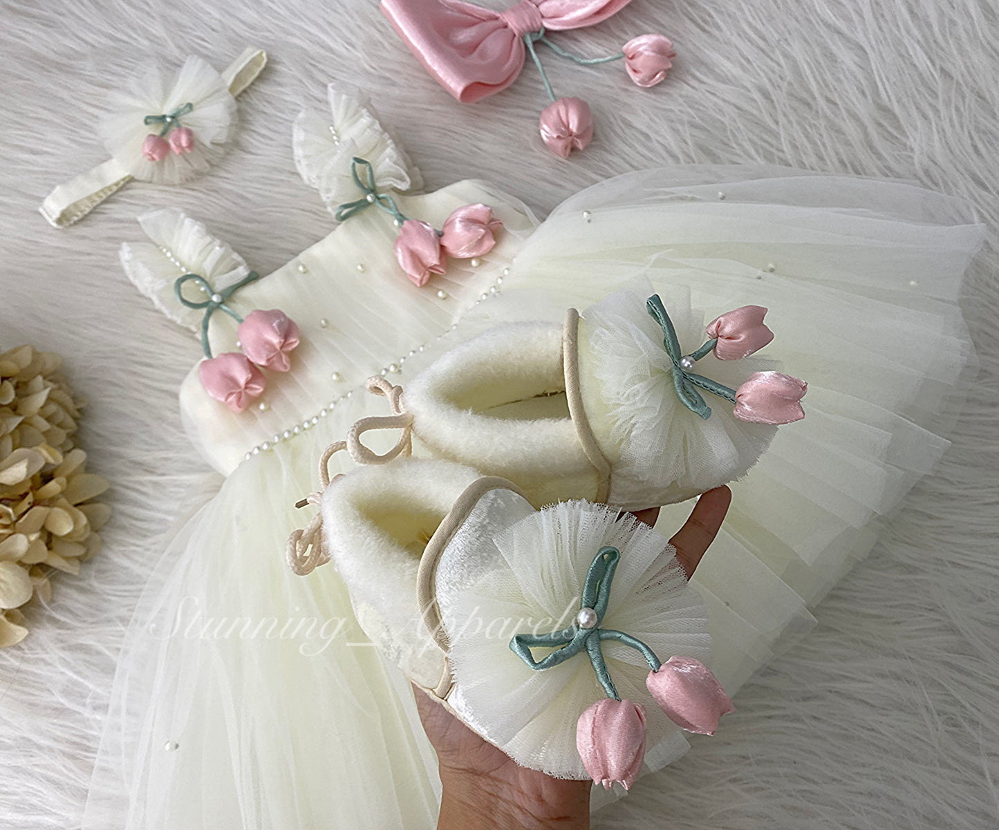 Peach Tulip Flower Work Party Wear Cream Dress