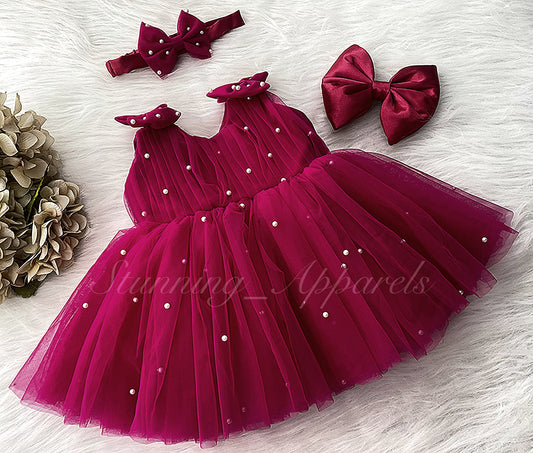 Shoulder Bow Pearls Work Ruby Red Frock