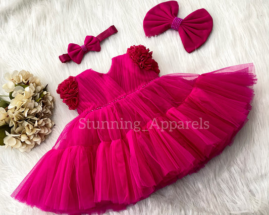 Beautiful Cape Sleeves Flower Work Ruffled Magenta Pink Frock