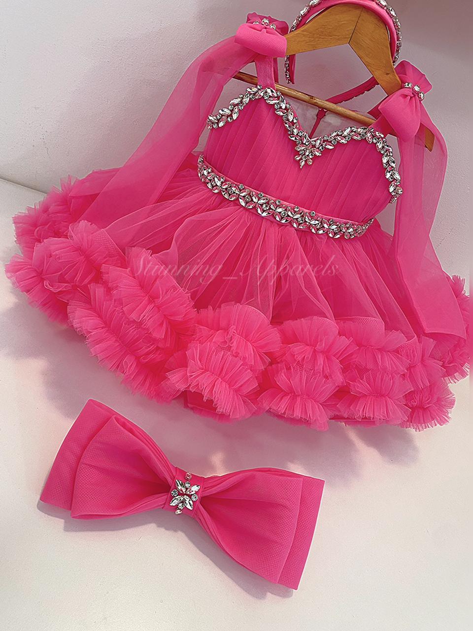 Designer Premium Hand Work Flamingo Pink Dress