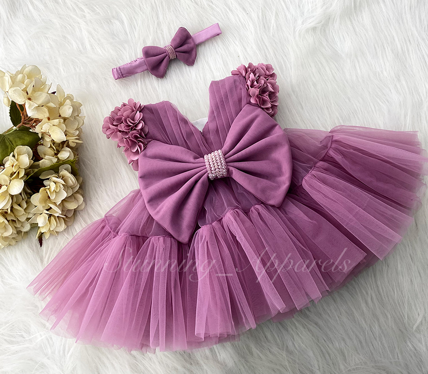Beautiful Cape Sleeves Flower Work Ruffled Dusty Pink Frock