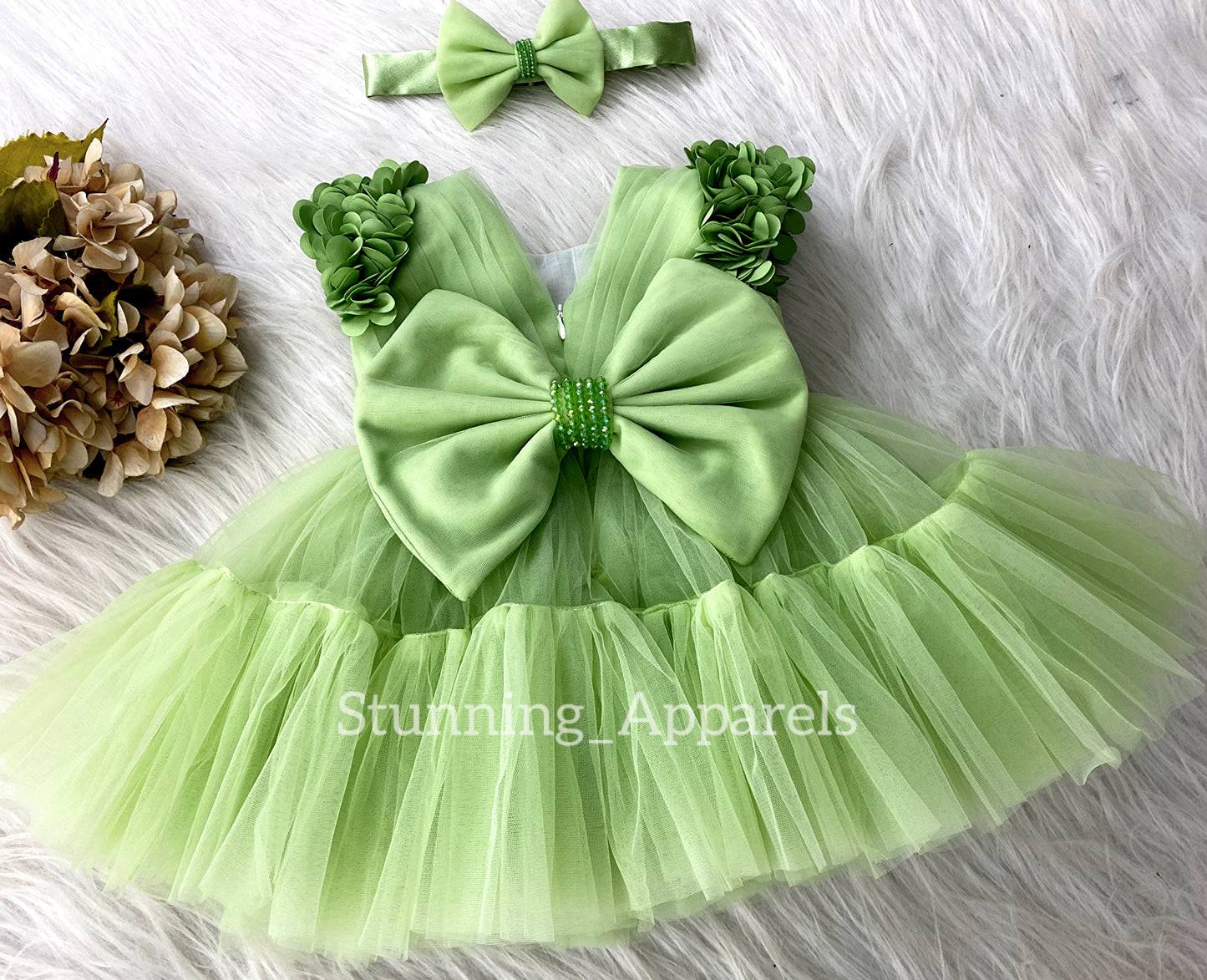 Beautiful Cape Sleeves Flower Work Ruffled Pista Greesn Frock