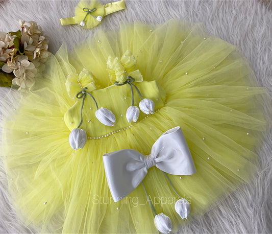 White Tulip Flower Work Party Wear Lemon Yellow Dress
