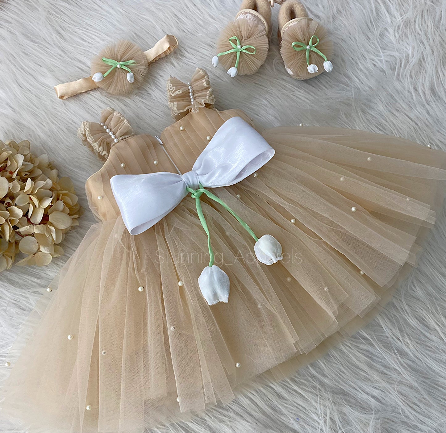 White Tulip Flower Work Party Wear Beige Colour Dress