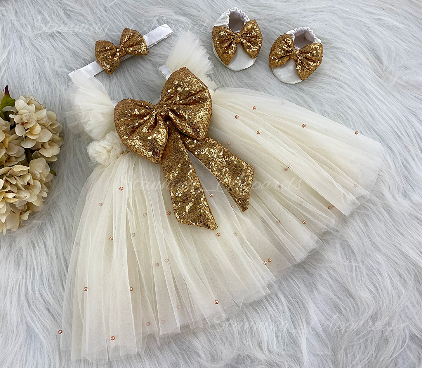 Golden Sequins Bow Party cream umbrella Dress