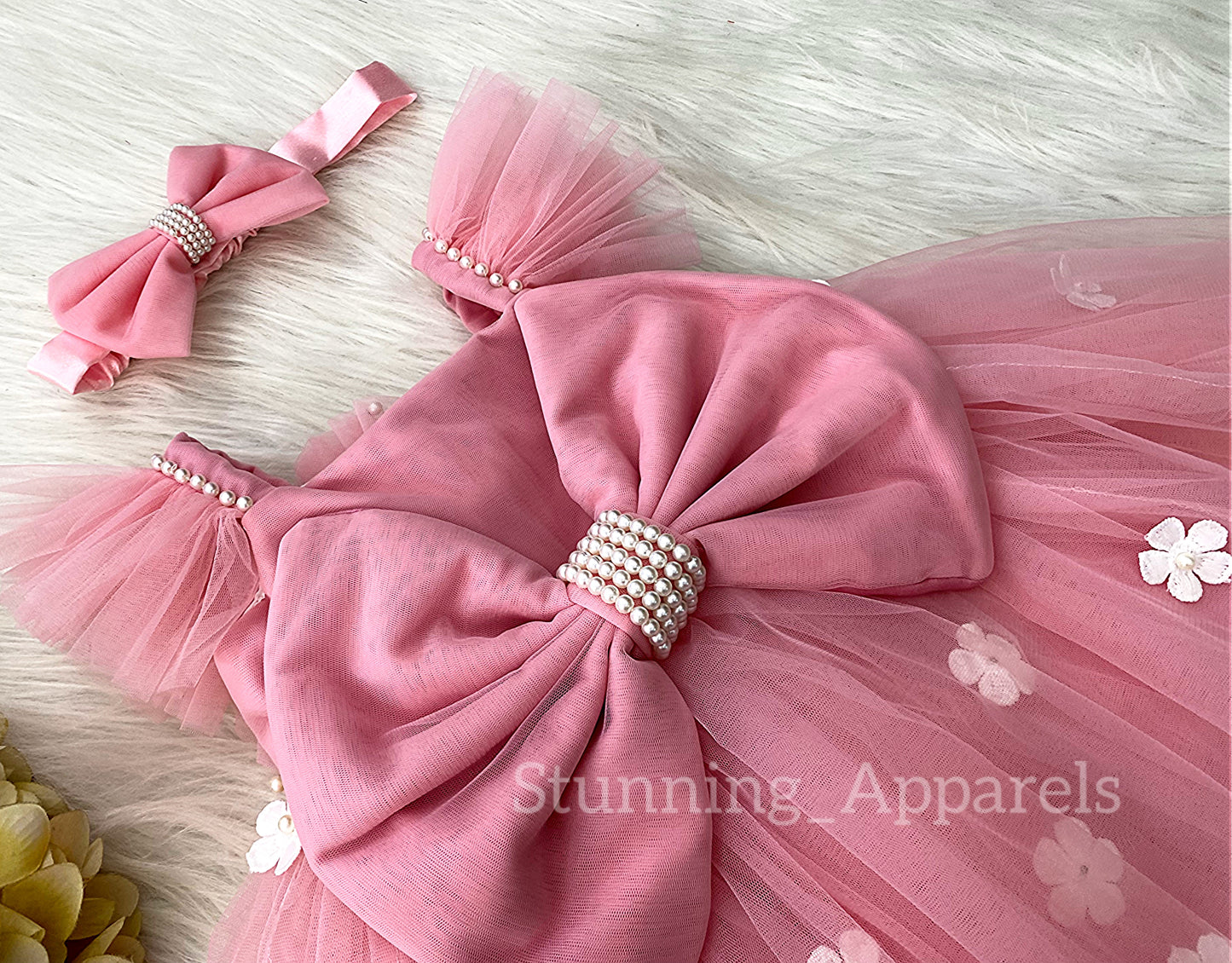 White Flower Work Strapped Sleeves Peach Frock