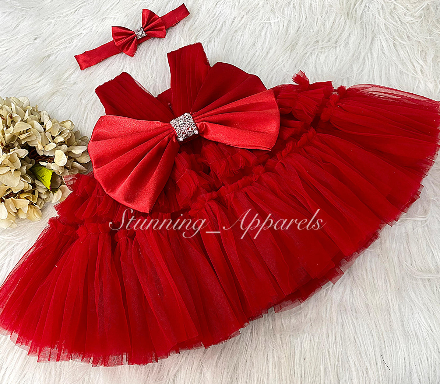 Designer Hand Wear Ruffled Party Wear Red Dress