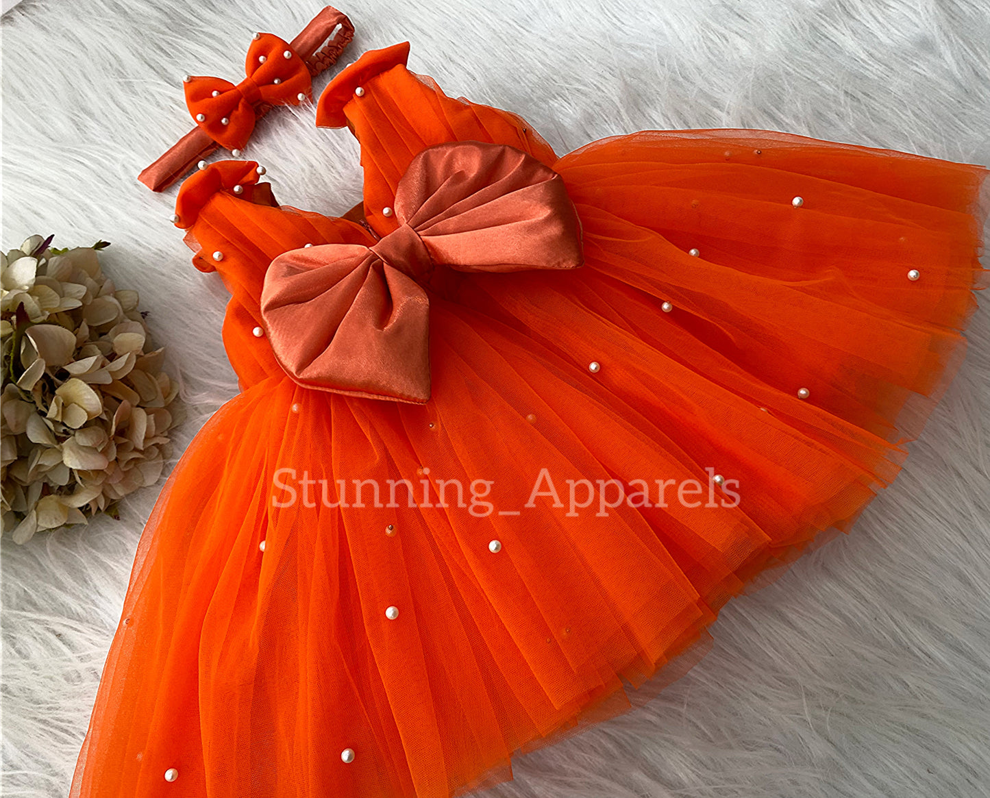 Shoulder Bow White Pearls Work Orange Frock