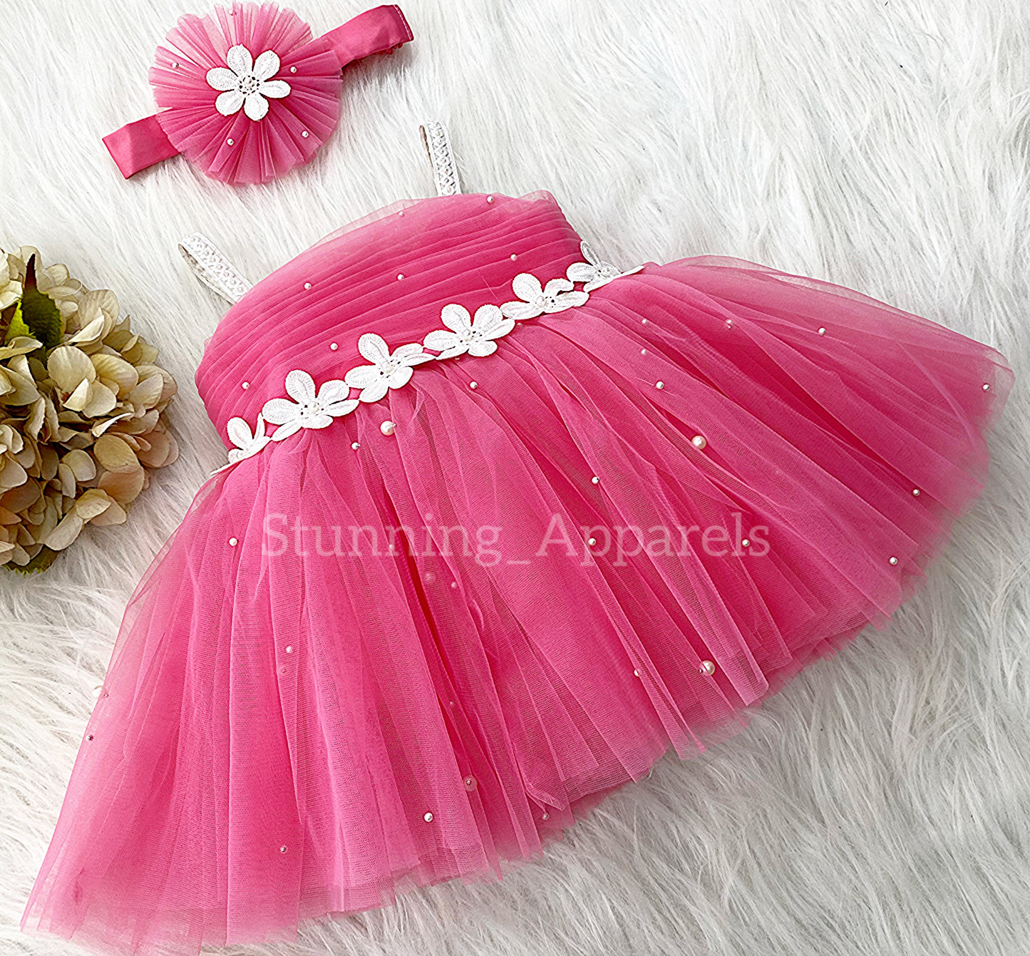 White Flower Work Party Wear Flemingo Pink Dress
