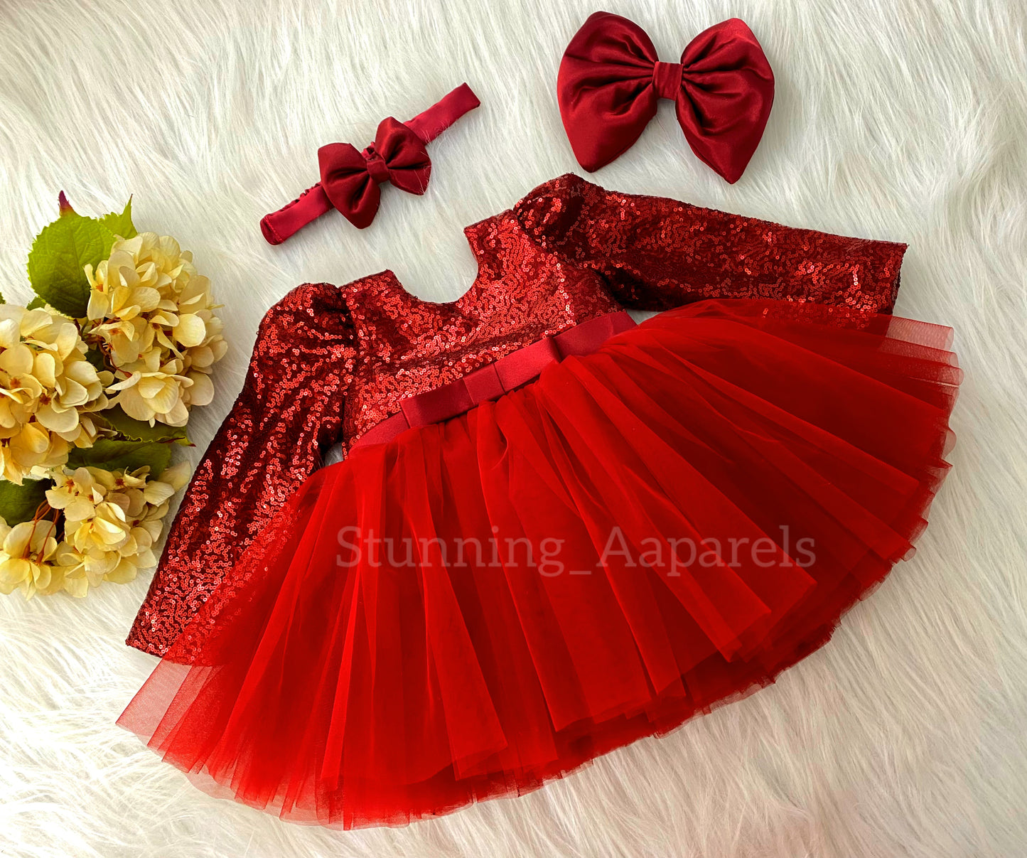 Stylish Long Sleeves Satin Bow Party Wear Red Frock
