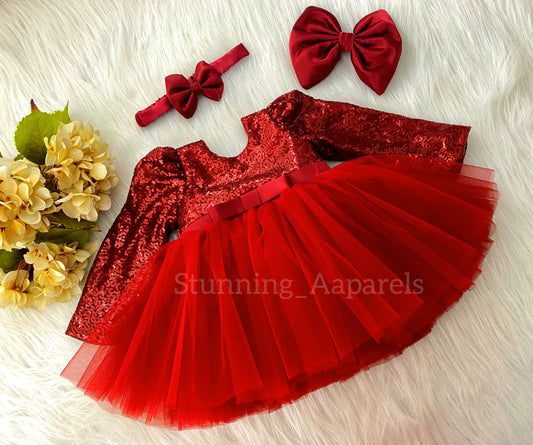 Stylish Long Sleeves Satin Bow Party Wear Red Frock