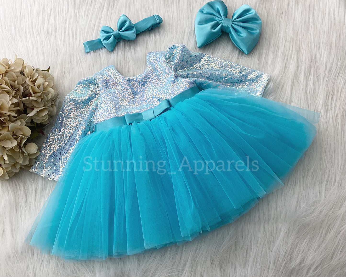 Stylish Long Sleeves Satin Bow Party Wear Sky Blue Frock