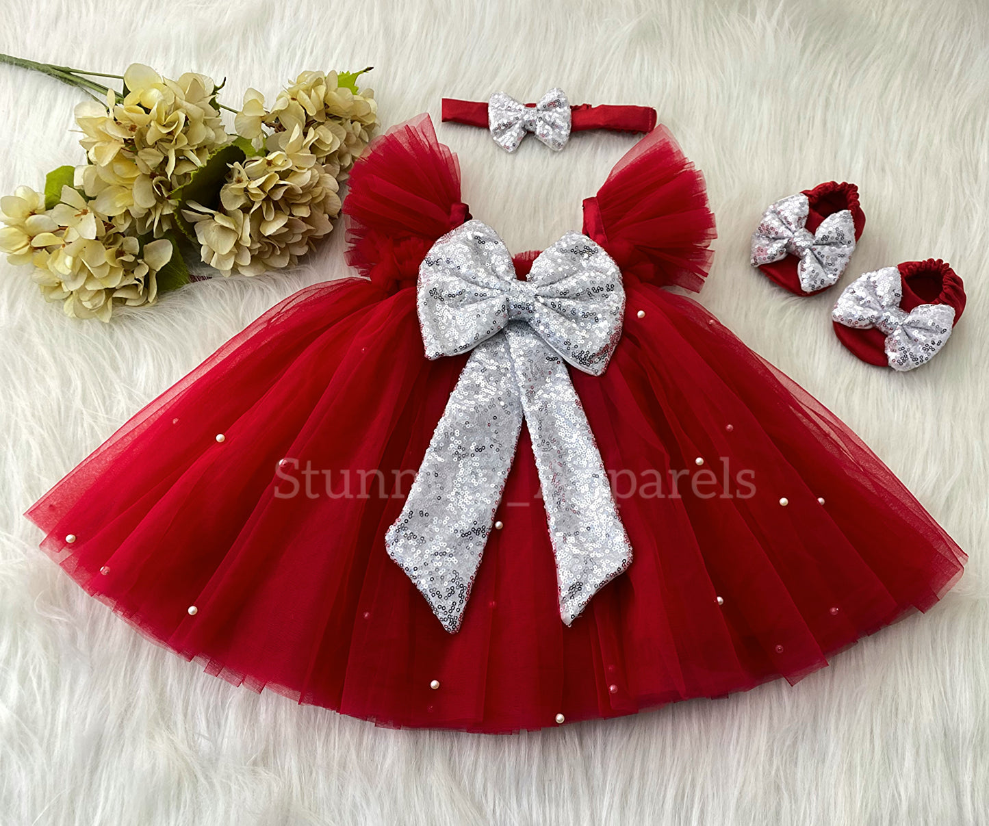 Silver Sequins Bow Party Wear Red Umbrella Dress