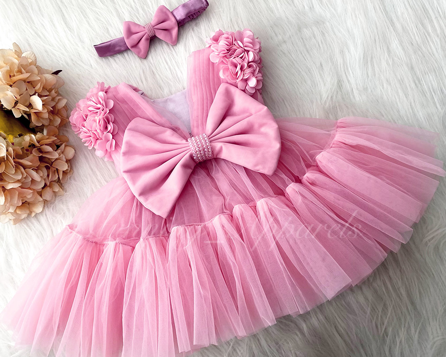 Beautiful Cape Sleeves Flower Work Ruffled Baby Pink Frock