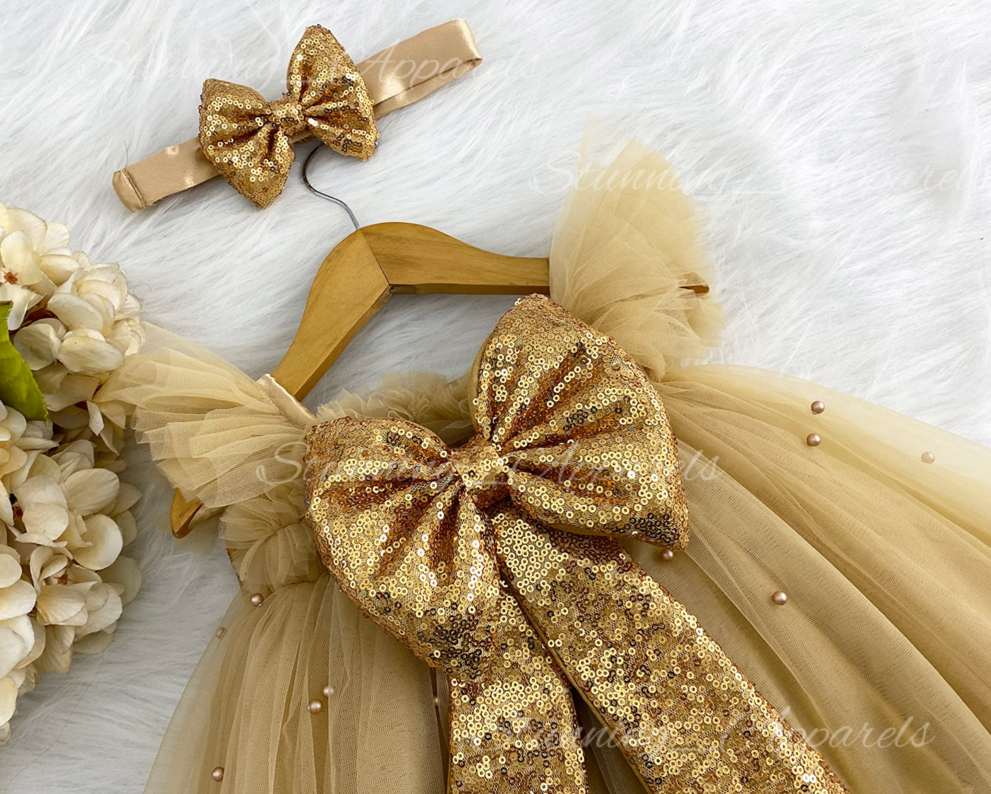 Golden Sequins Bow Party Wear Golden Umbrella Dress