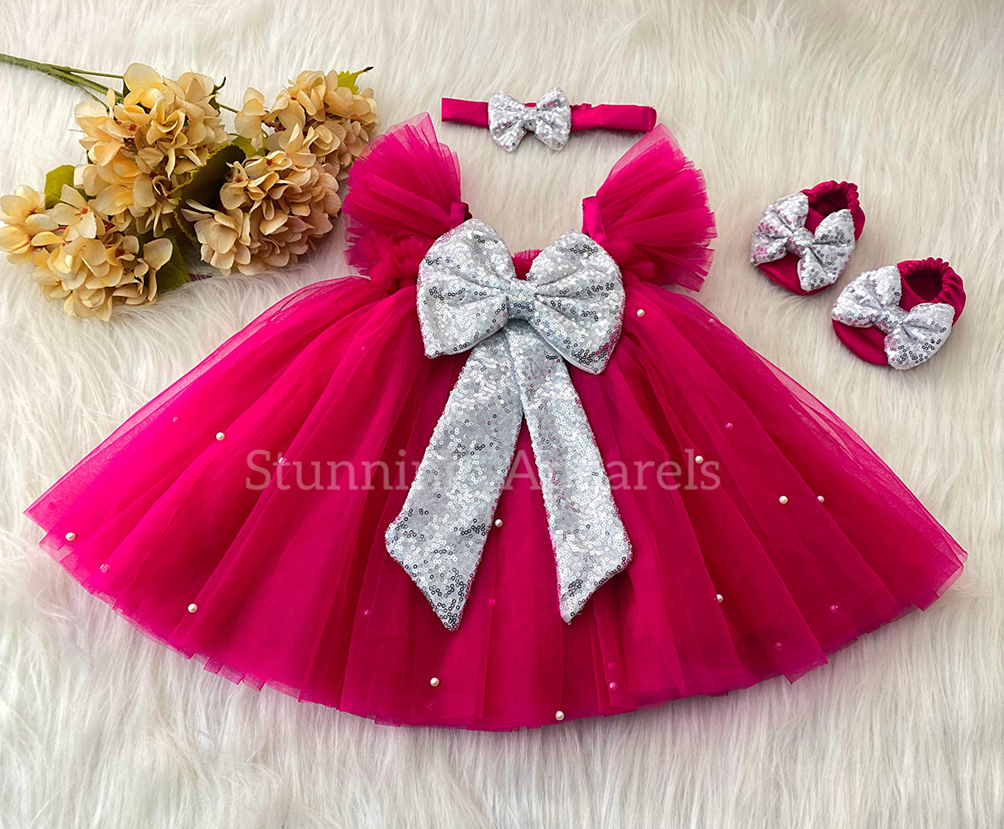 Silver Sequins Bow Party Wear Magenta Pink Umbrella Dress