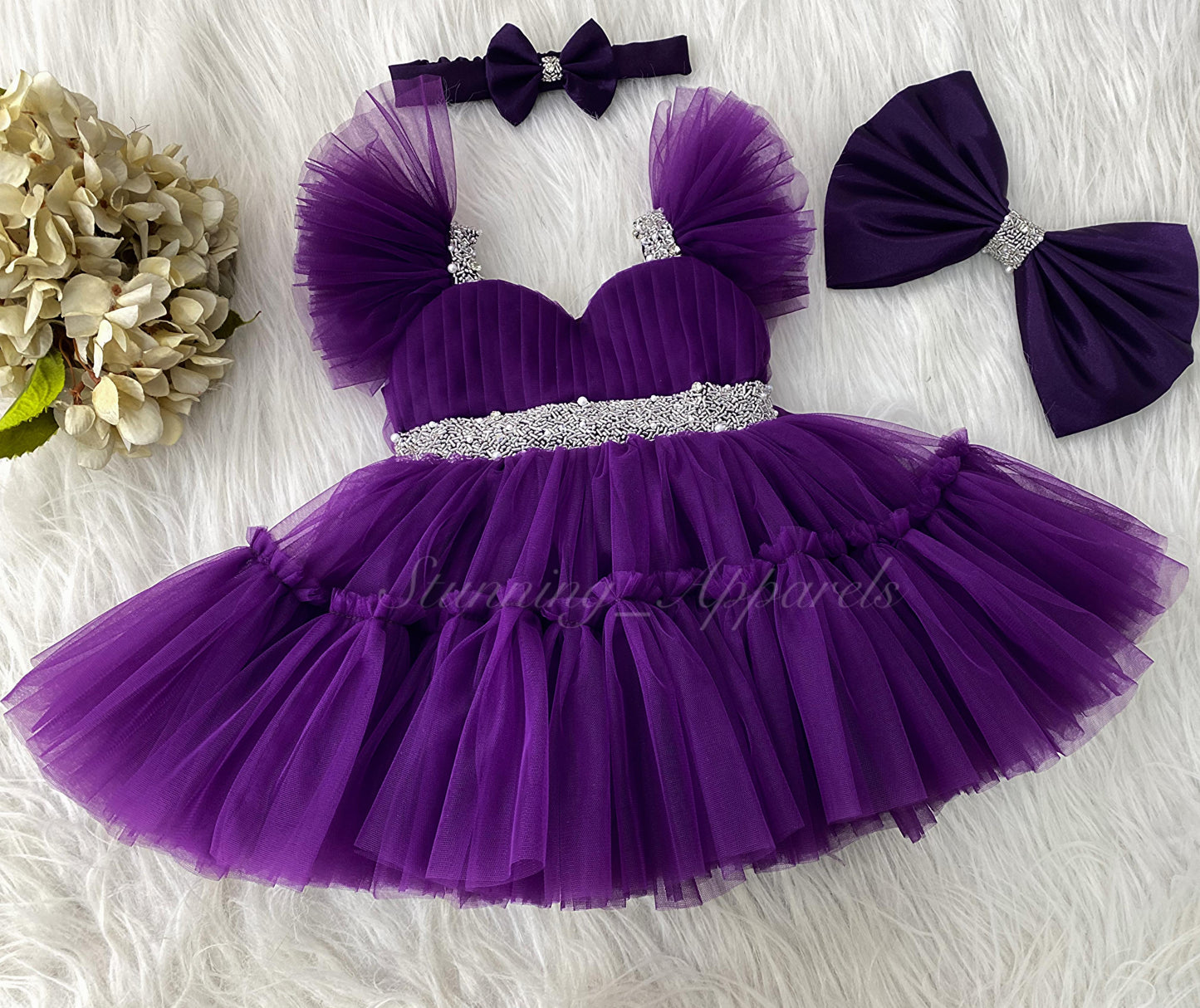 Designer Sweetheart Ruffled Sleeves Neckline Hand Work Purple Pink Frock