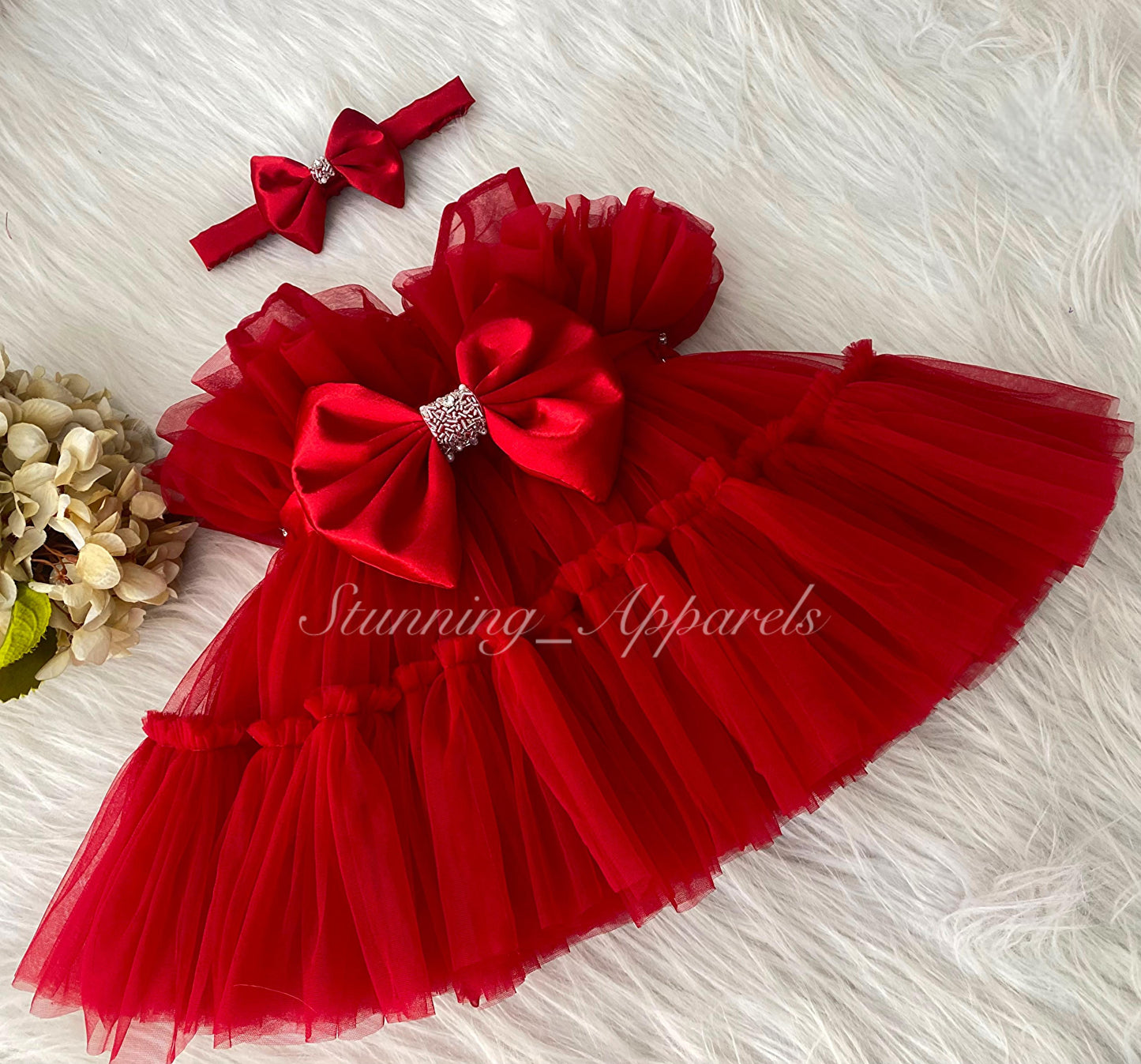 Designer belted Hand Wear Ruffled Party Wear Red Dress