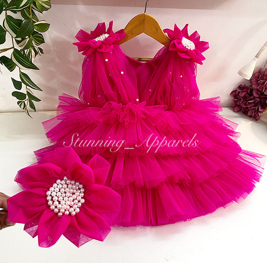 Shoulder Flower Work Layered Magenta Pink Dress