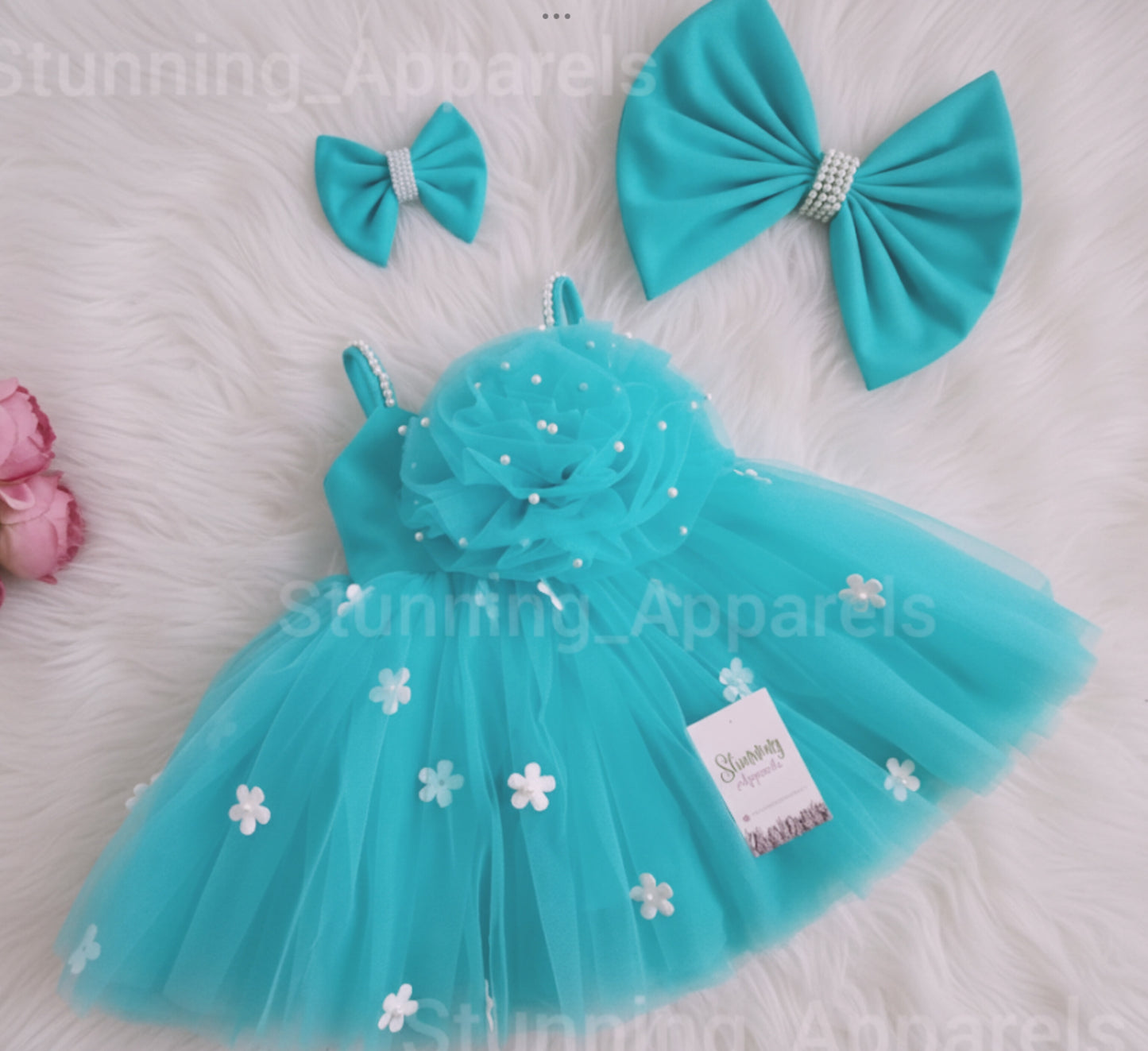 White Flower Work Strapped Dark Sky Blue Dress