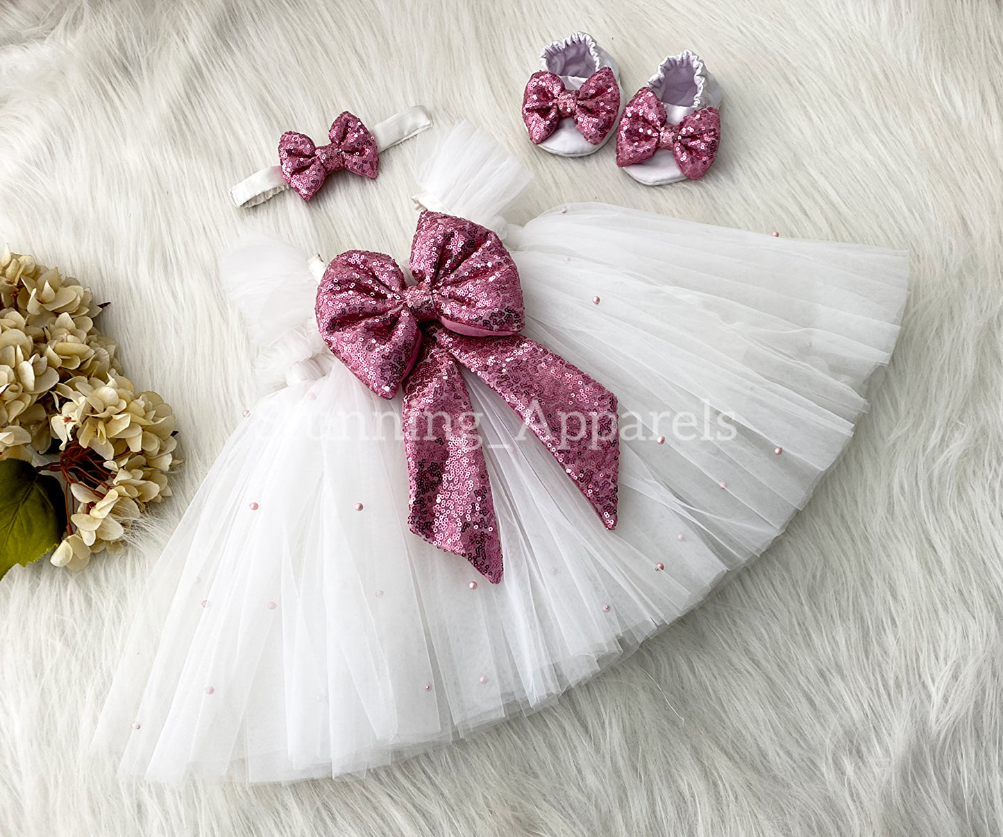 Baby Pink Sequins Bow Party Wear White Umbrella Dress