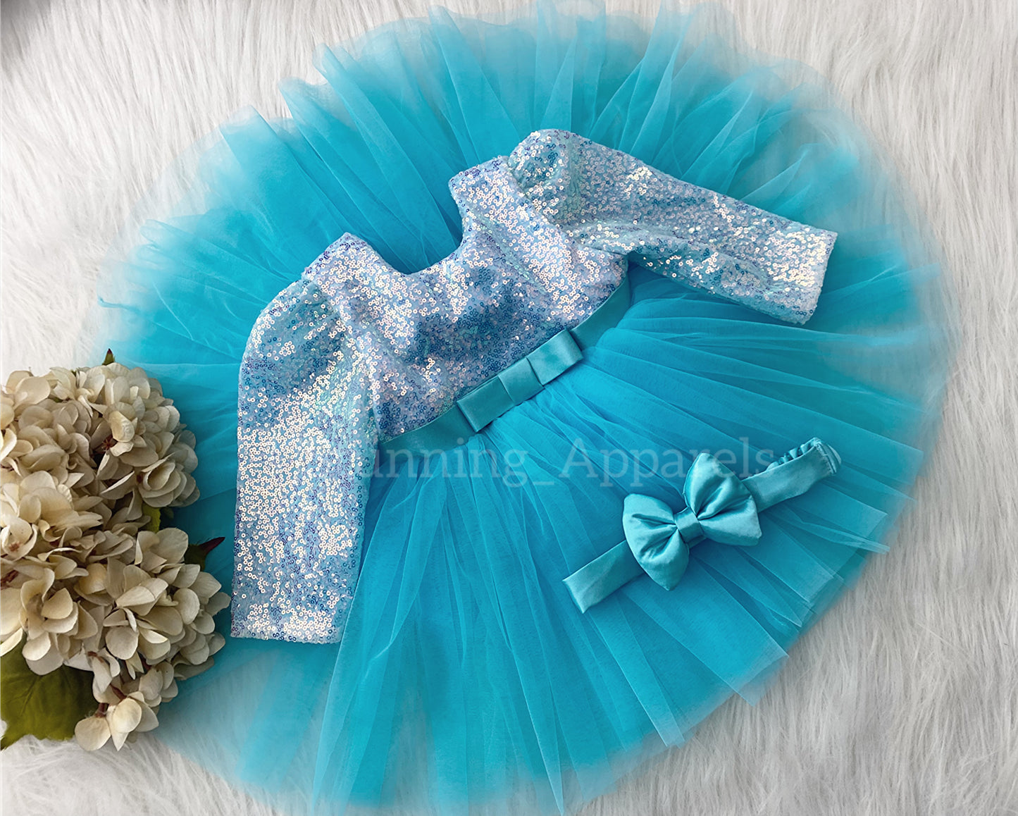 Stylish Long Sleeves Satin Bow Party Wear Sky Blue Frock