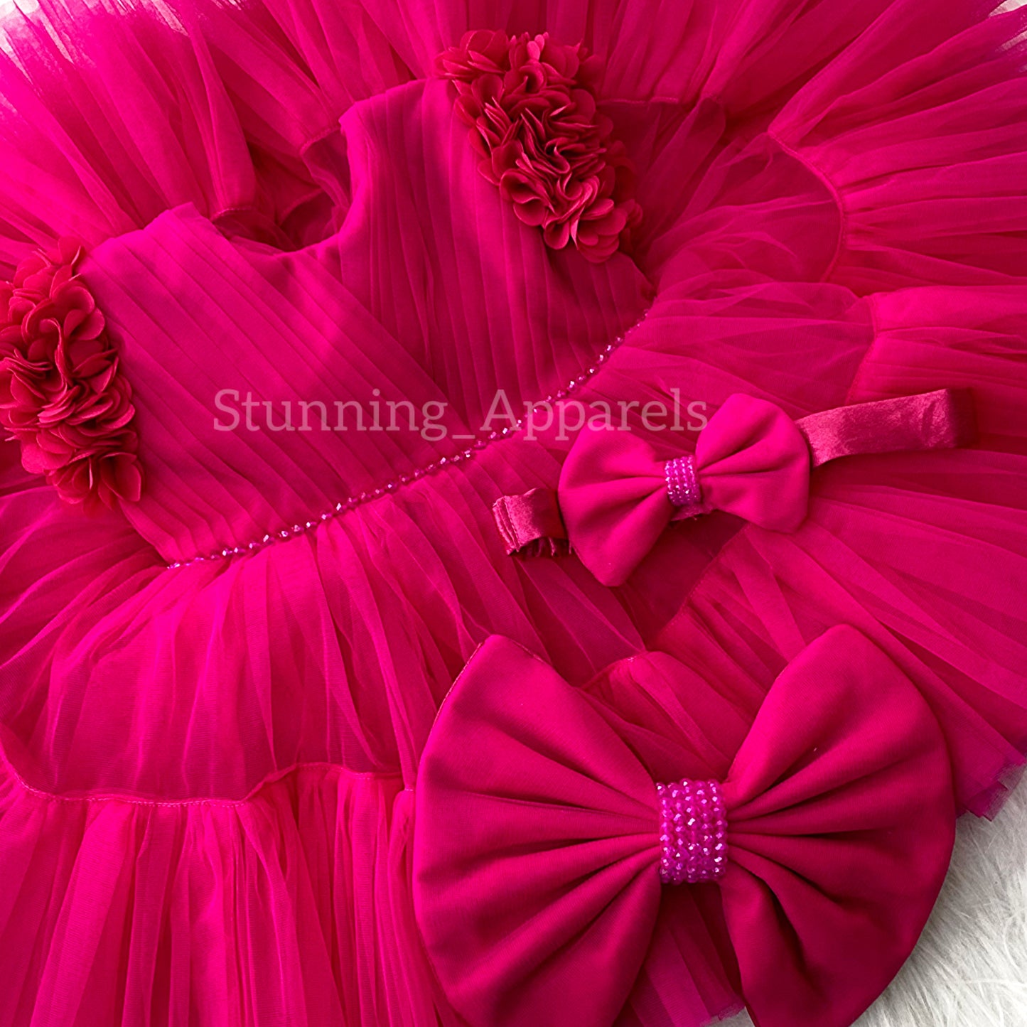 Beautiful Cape Sleeves Flower Work Ruffled Magenta Pink Frock
