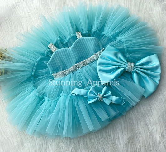 Designer Sweetheart Neckline Hand Work Strapped Sky Blue Frock
