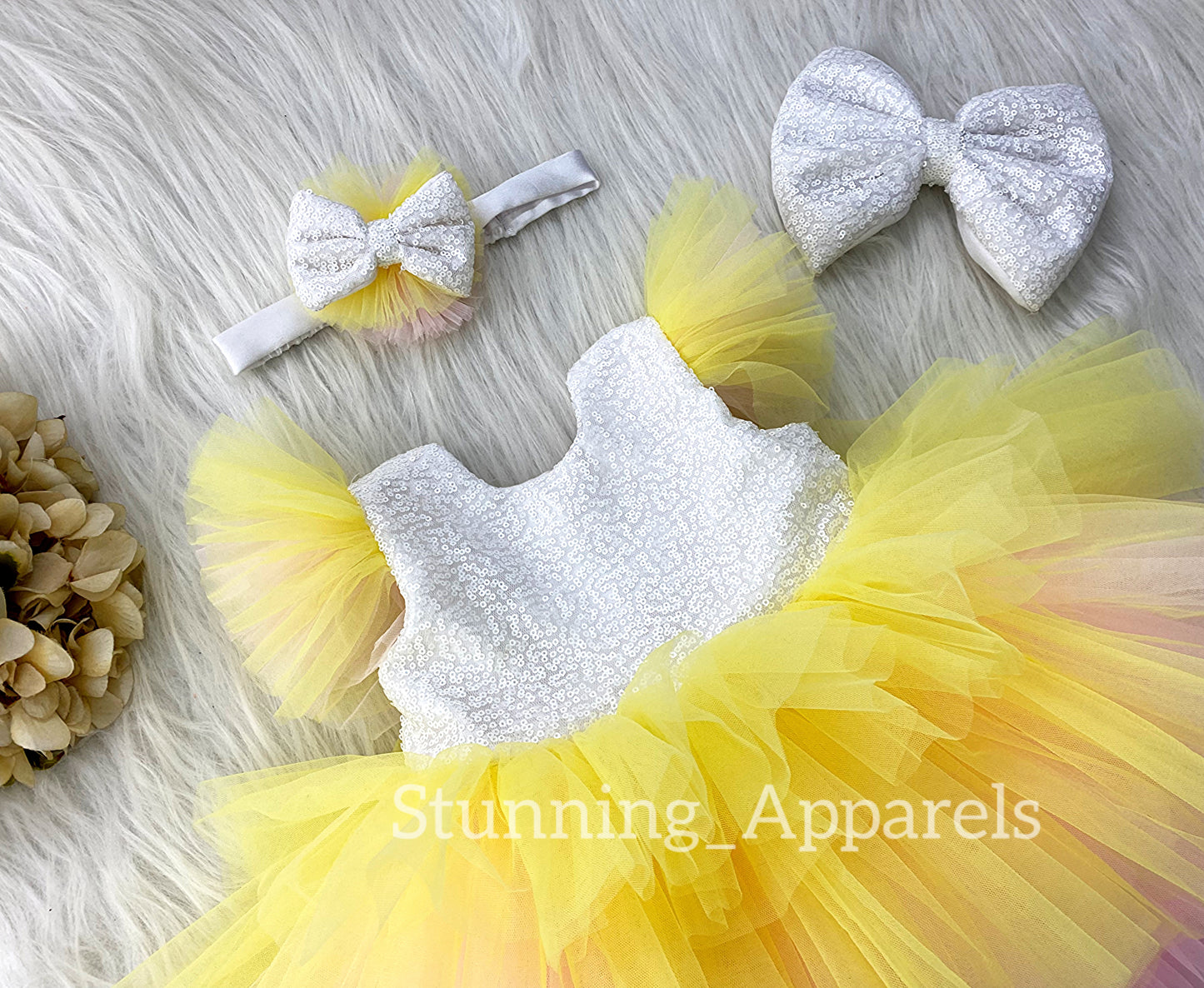 Pink and Yellow  Layered milky sequins dress