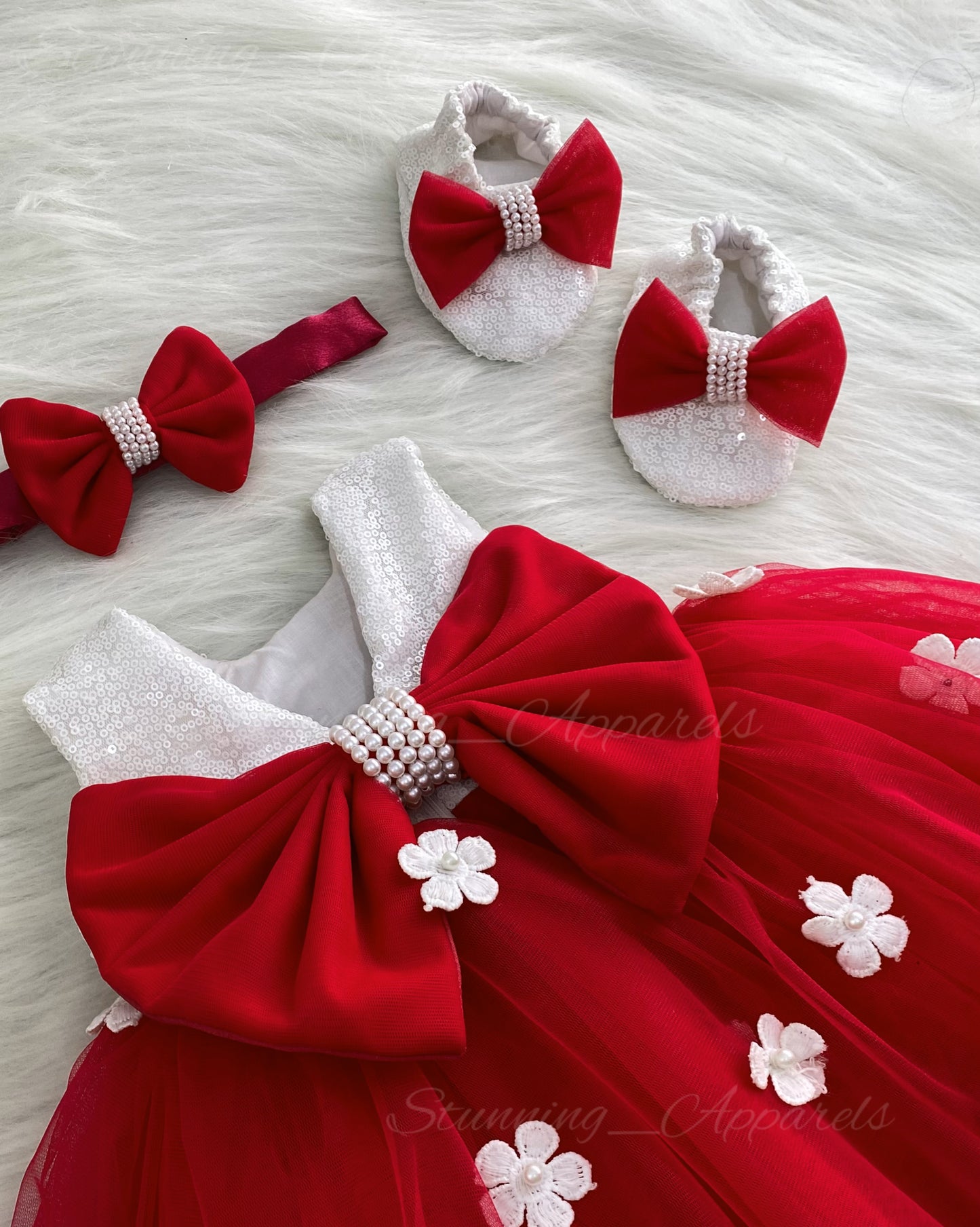 White Flower Work White Milky Sequins Red Dress