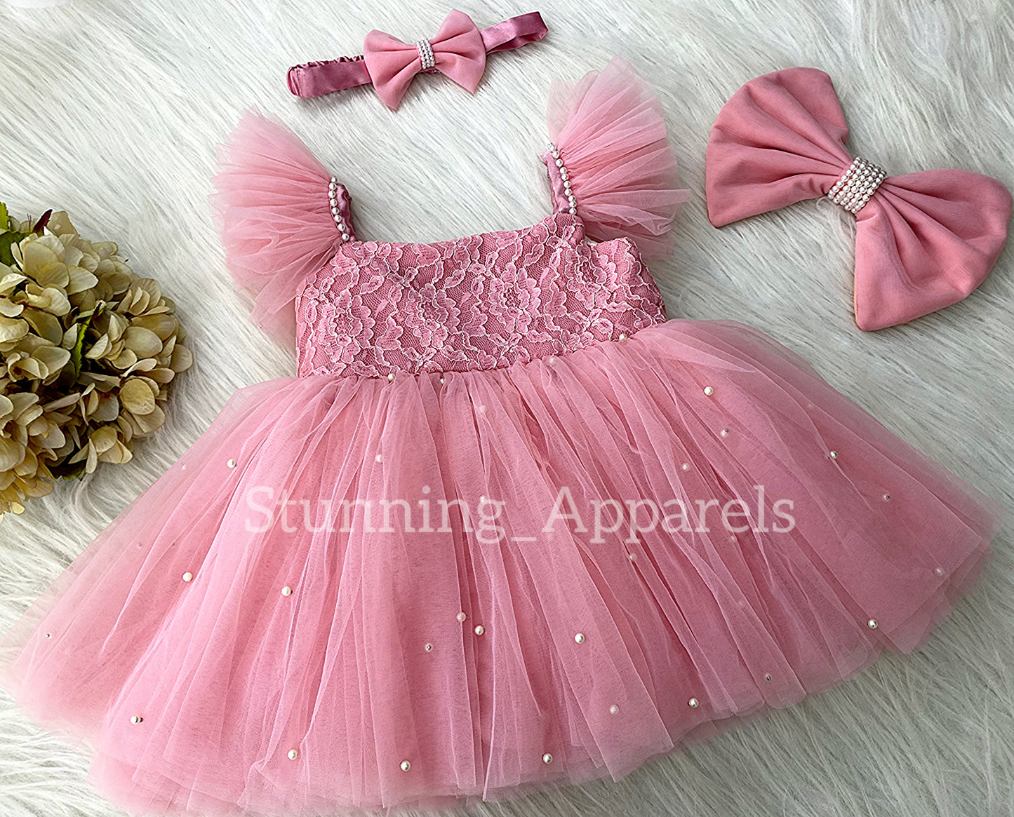 White Pearls Work Strapped Sleeves Peach Dress